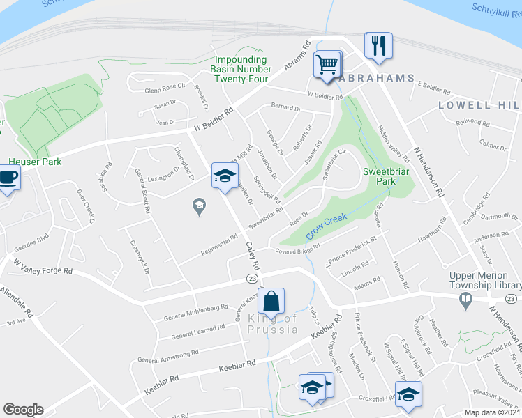 map of restaurants, bars, coffee shops, grocery stores, and more near 702 Suellen Drive in King of Prussia