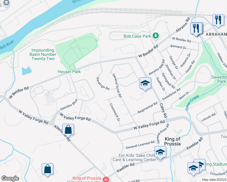 map of restaurants, bars, coffee shops, grocery stores, and more near 552 Saratoga Road in King of Prussia