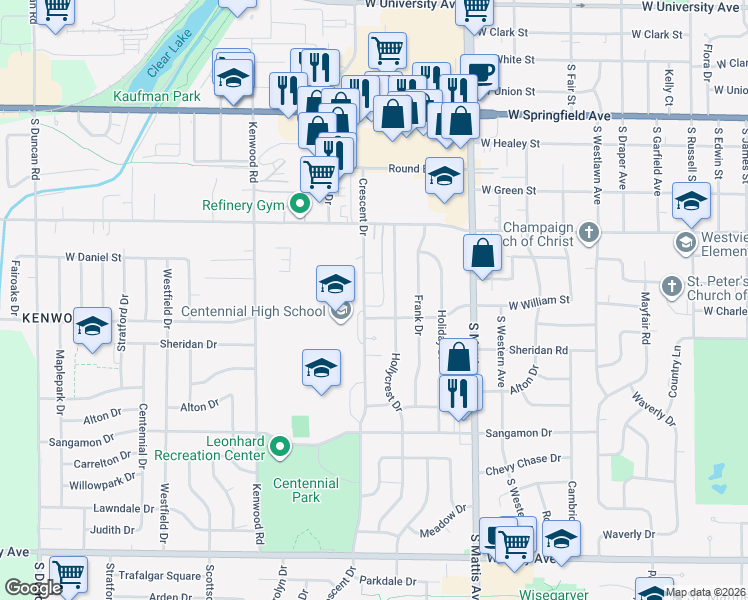 map of restaurants, bars, coffee shops, grocery stores, and more near 910 Crescent Drive in Champaign