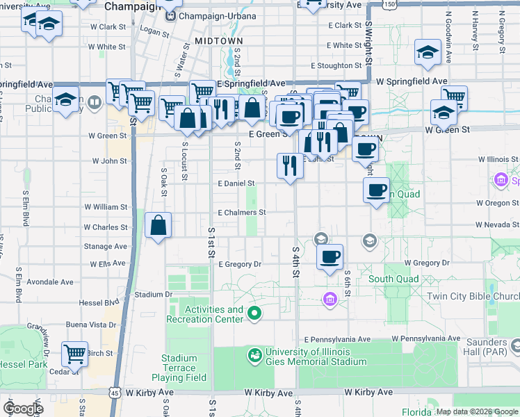 map of restaurants, bars, coffee shops, grocery stores, and more near 913 South 3rd Street in Champaign