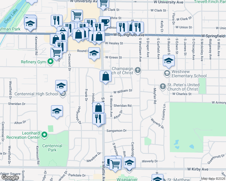 map of restaurants, bars, coffee shops, grocery stores, and more near 1721 Henry Street in Champaign