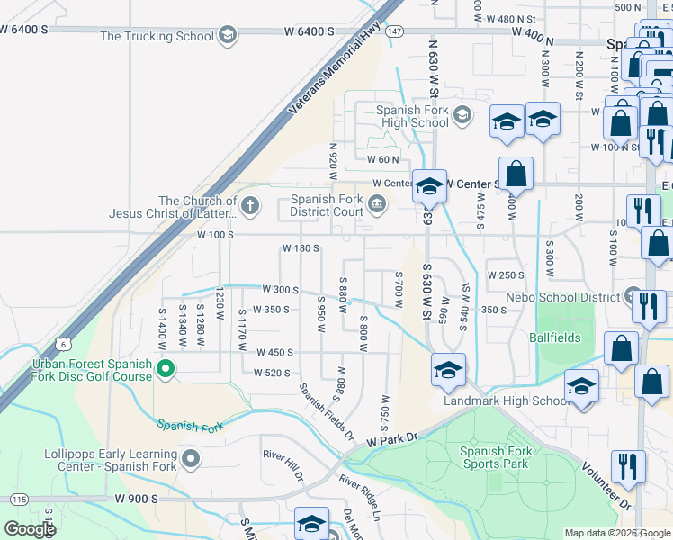 map of restaurants, bars, coffee shops, grocery stores, and more near 224 South 880 West in Spanish Fork