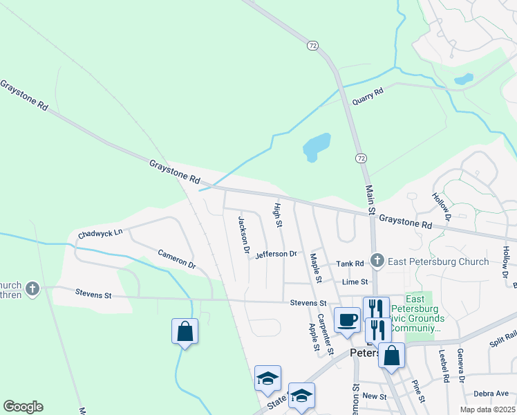 map of restaurants, bars, coffee shops, grocery stores, and more near 6391 Jeanette Drive in East Petersburg