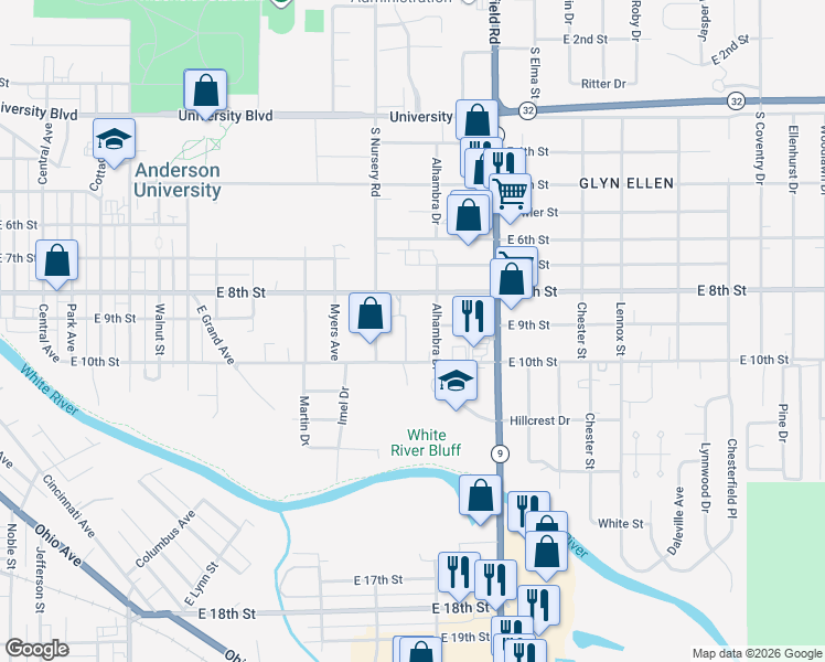 map of restaurants, bars, coffee shops, grocery stores, and more near 1823 East 8th Street in Anderson