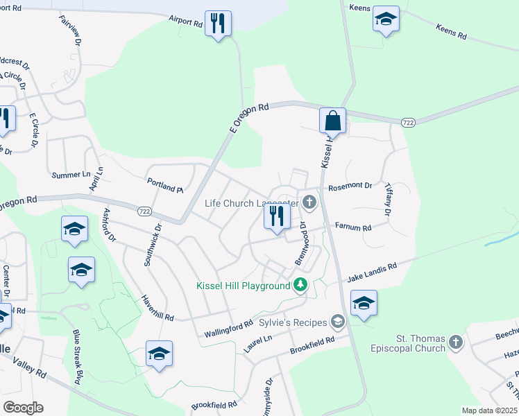 map of restaurants, bars, coffee shops, grocery stores, and more near 745 Wallingford Road in Lititz