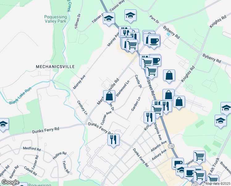 map of restaurants, bars, coffee shops, grocery stores, and more near 2746 Stanwood Lane in Bensalem