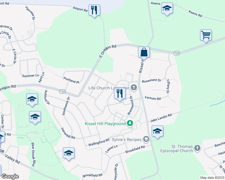 map of restaurants, bars, coffee shops, grocery stores, and more near 745 Wallingford Road in Lititz