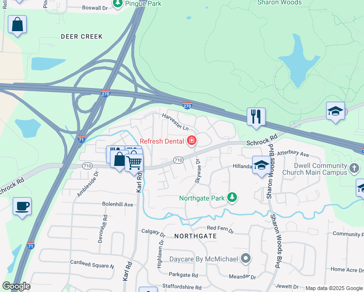 map of restaurants, bars, coffee shops, grocery stores, and more near 1704 Schrock Road in Columbus