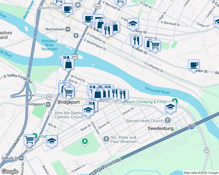 map of restaurants, bars, coffee shops, grocery stores, and more near 2-198 E Front St in Bridgeport