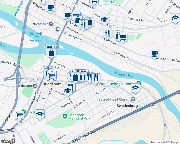 map of restaurants, bars, coffee shops, grocery stores, and more near 2-198 E Front St in Bridgeport