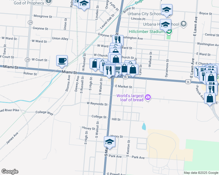 map of restaurants, bars, coffee shops, grocery stores, and more near 100-122 E Market St in Urbana