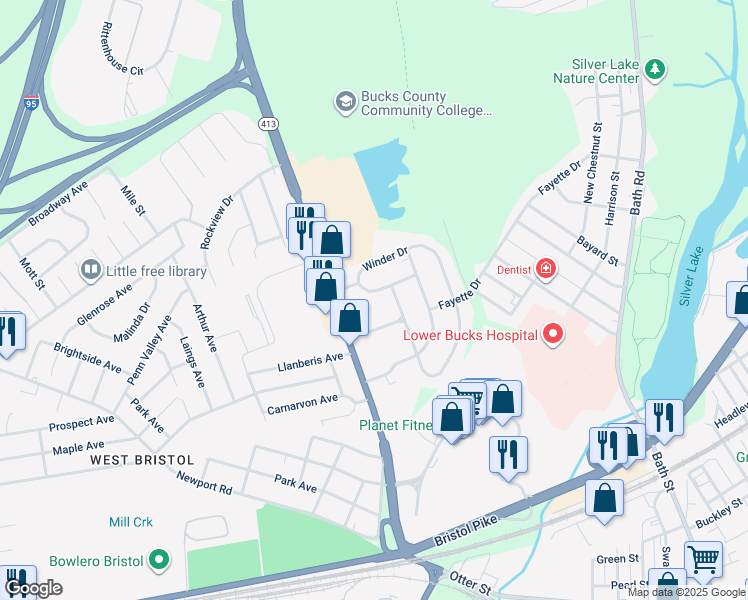 map of restaurants, bars, coffee shops, grocery stores, and more near 610 Winder Drive in Bristol
