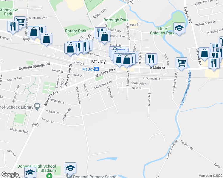 map of restaurants, bars, coffee shops, grocery stores, and more near 221 Delta Street in Mount Joy