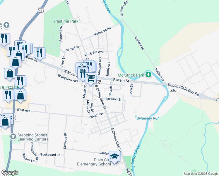 map of restaurants, bars, coffee shops, grocery stores, and more near 134 Church Street in Plain City