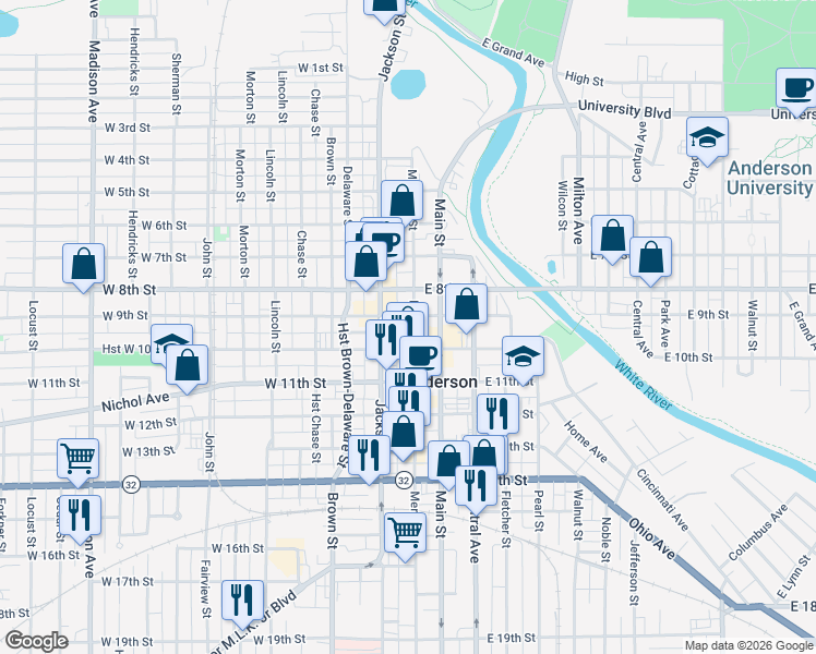 map of restaurants, bars, coffee shops, grocery stores, and more near 900 Jackson Street in Anderson