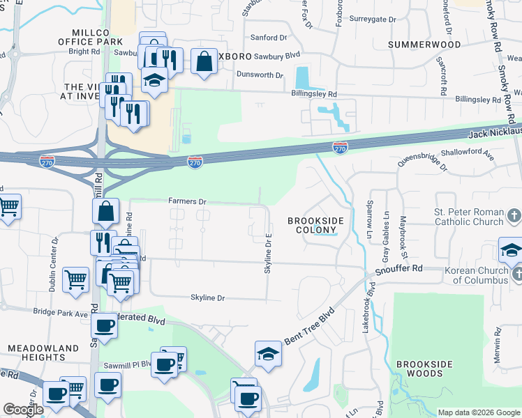 map of restaurants, bars, coffee shops, grocery stores, and more near 7351 Skyline Drive East in Columbus
