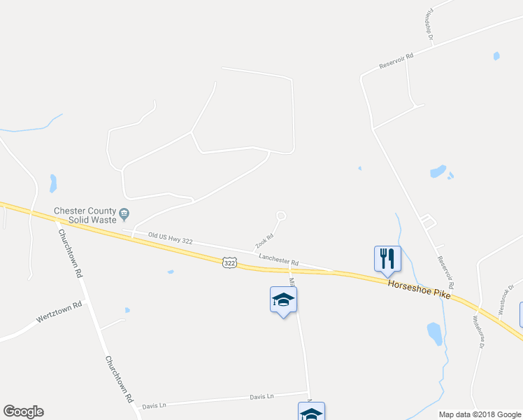 map of restaurants, bars, coffee shops, grocery stores, and more near 49 Zook Drive in Narvon