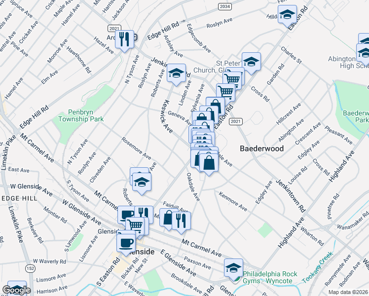 map of restaurants, bars, coffee shops, grocery stores, and more near 314 North Keswick Avenue in Glenside
