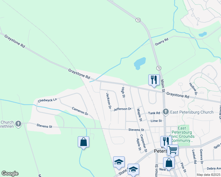 map of restaurants, bars, coffee shops, grocery stores, and more near 6411 Jeanette Drive in East Petersburg