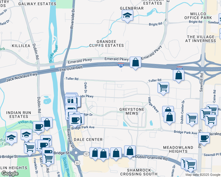 map of restaurants, bars, coffee shops, grocery stores, and more near 4250 McCune Avenue in Dublin