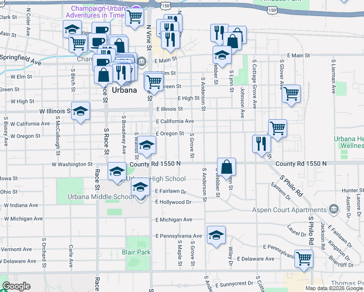 map of restaurants, bars, coffee shops, grocery stores, and more near 709 South Grove Street in Urbana