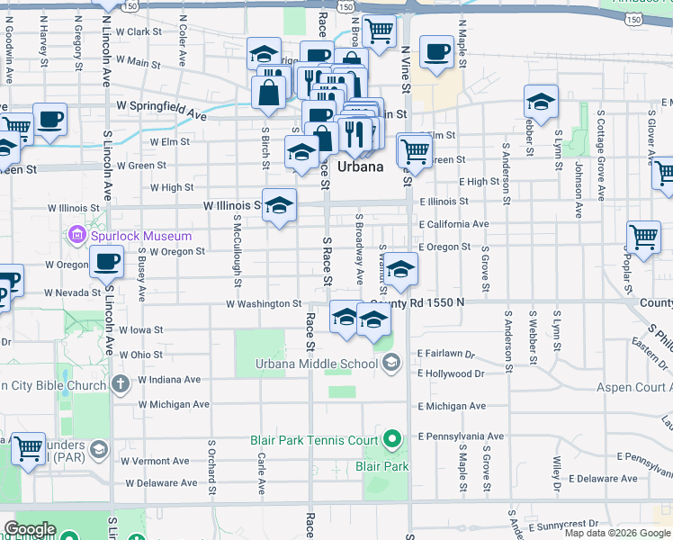 map of restaurants, bars, coffee shops, grocery stores, and more near 707 South Race Street in Urbana