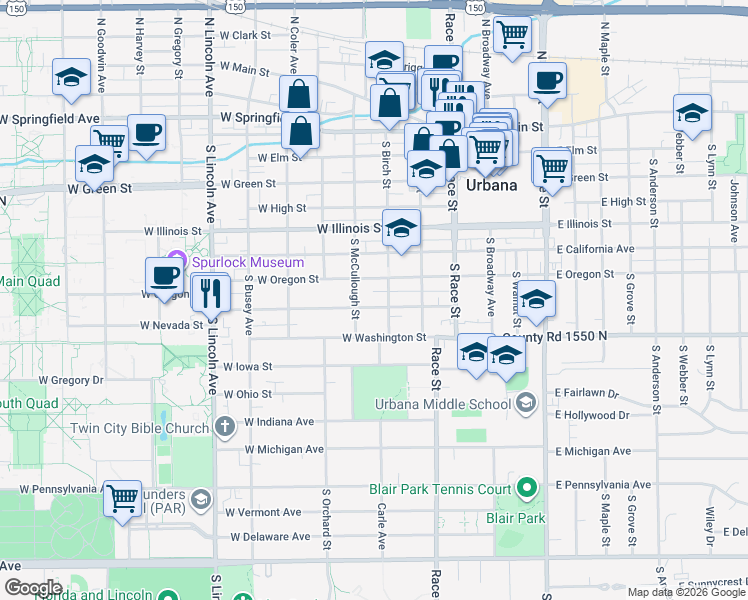 map of restaurants, bars, coffee shops, grocery stores, and more near 705 South Birch Street in Urbana