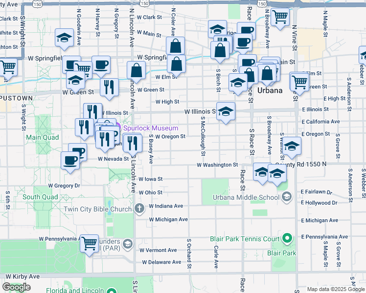 map of restaurants, bars, coffee shops, grocery stores, and more near 606 West Nevada Street in Urbana