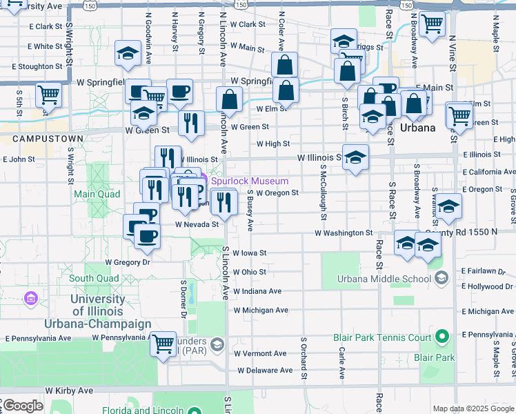 map of restaurants, bars, coffee shops, grocery stores, and more near 703 West Oregon Street in Urbana