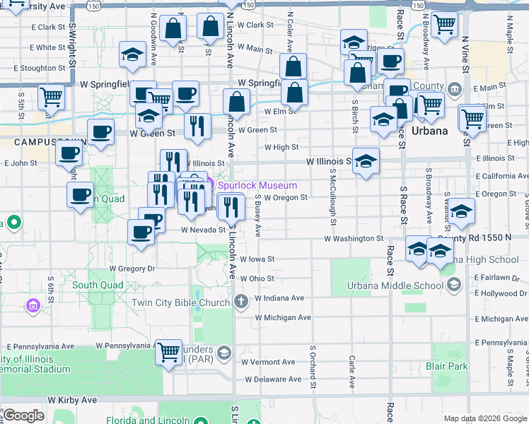 map of restaurants, bars, coffee shops, grocery stores, and more near 701 South Busey Avenue in Urbana