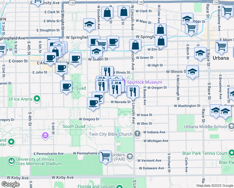 map of restaurants, bars, coffee shops, grocery stores, and more near 1010 West Nevada Street in Urbana