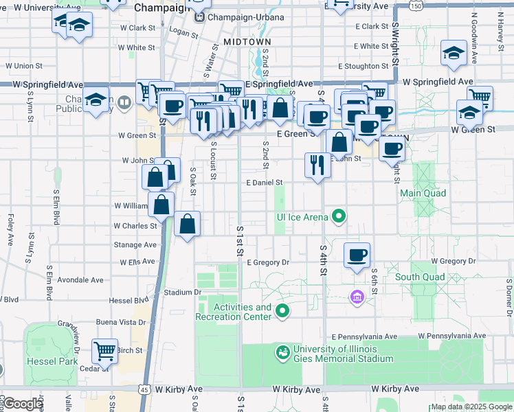 map of restaurants, bars, coffee shops, grocery stores, and more near 907 South 2nd Street in Champaign