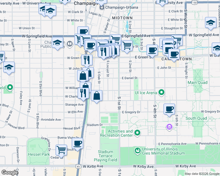 map of restaurants, bars, coffee shops, grocery stores, and more near 909 South Locust Street in Champaign