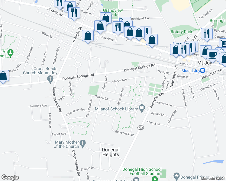 map of restaurants, bars, coffee shops, grocery stores, and more near 439 Sunset Avenue in Mount Joy