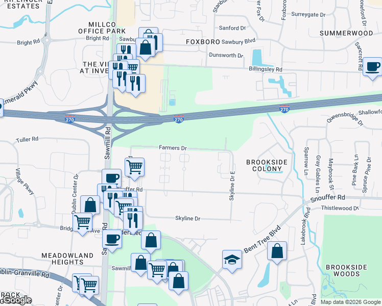 map of restaurants, bars, coffee shops, grocery stores, and more near 7404 Chaparral Road in Columbus