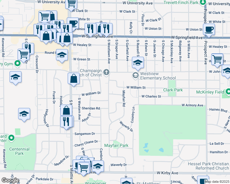 map of restaurants, bars, coffee shops, grocery stores, and more near 1502 West Charles Street in Champaign