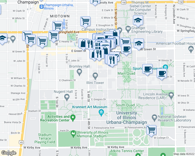 map of restaurants, bars, coffee shops, grocery stores, and more near S 5th St & E Chalmers St in Champaign