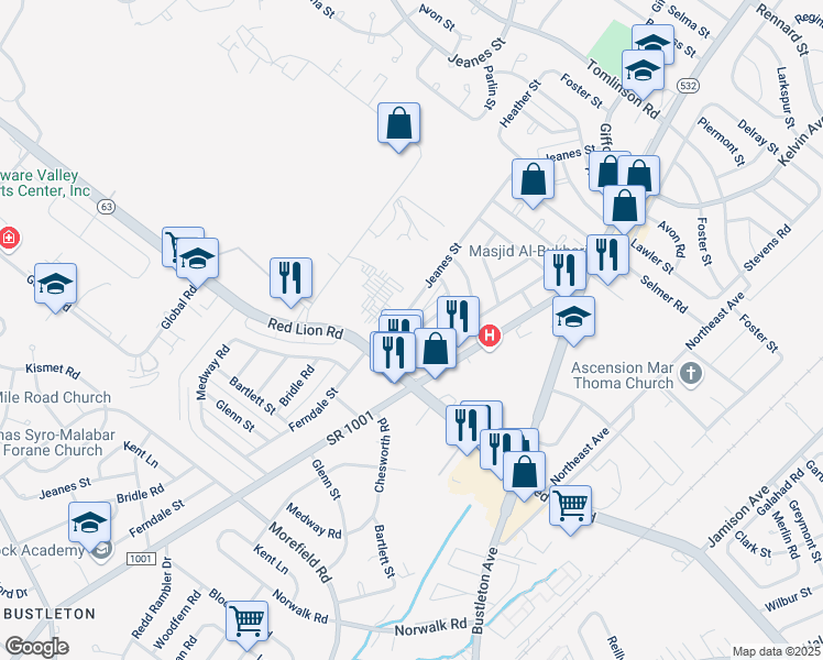 map of restaurants, bars, coffee shops, grocery stores, and more near 10009 Bridle Road in Philadelphia