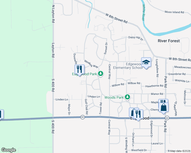 map of restaurants, bars, coffee shops, grocery stores, and more near 609 Winding Way in Anderson