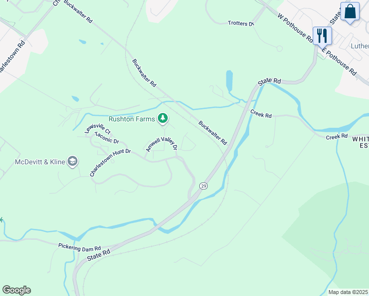 map of restaurants, bars, coffee shops, grocery stores, and more near 128 Stewarts Court in Phoenixville