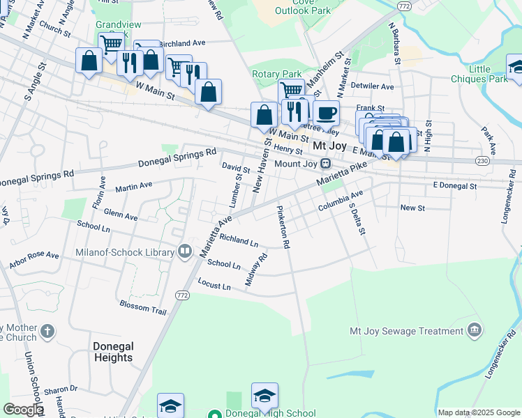 map of restaurants, bars, coffee shops, grocery stores, and more near 283 Marietta Avenue in Mount Joy