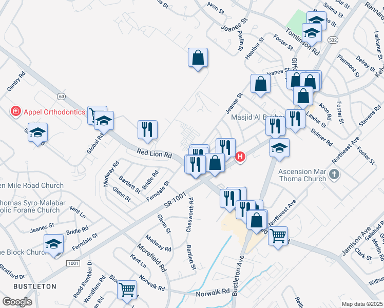 map of restaurants, bars, coffee shops, grocery stores, and more near 10008 Jeanes Street in Philadelphia
