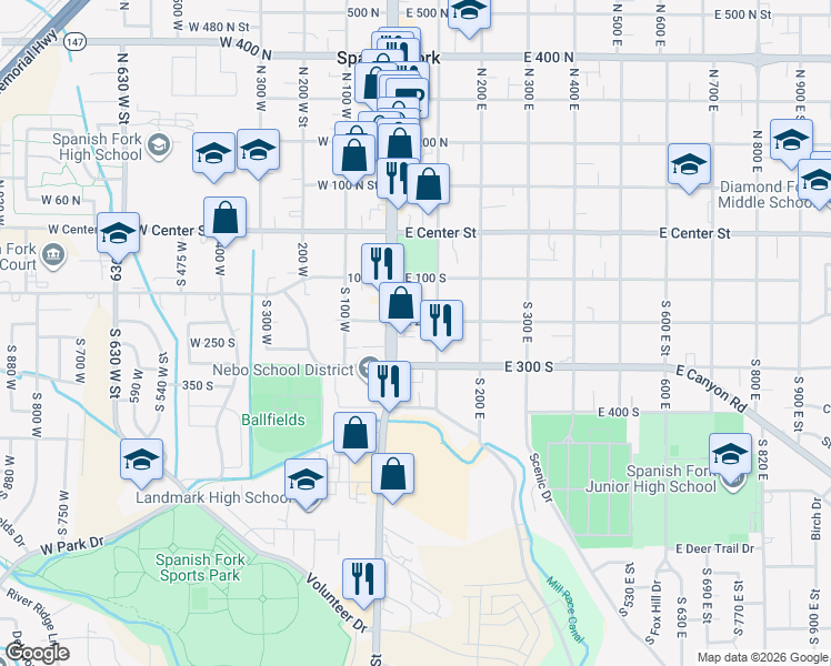 map of restaurants, bars, coffee shops, grocery stores, and more near 44 East 200 South in Spanish Fork