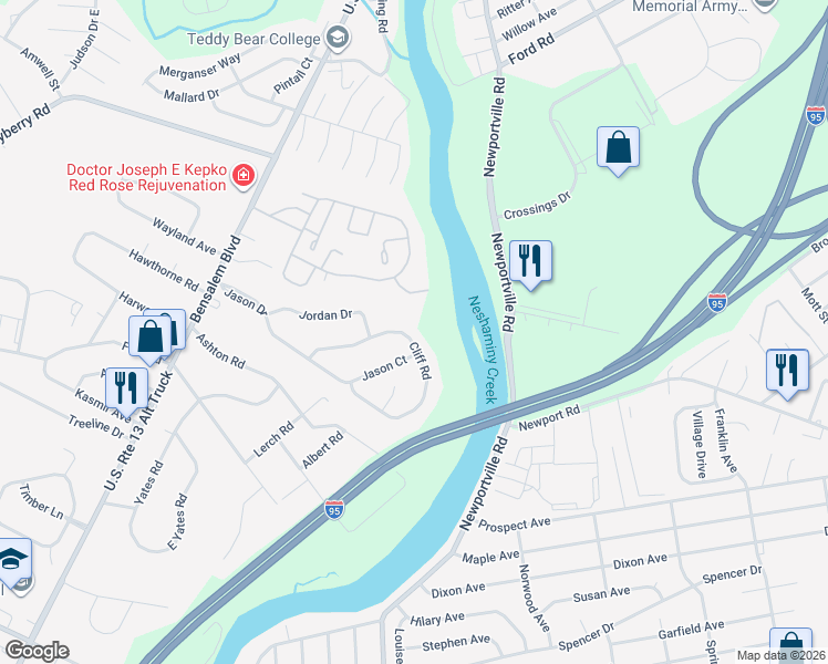 map of restaurants, bars, coffee shops, grocery stores, and more near 797 Cliff Road in Bensalem