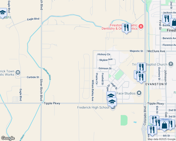 map of restaurants, bars, coffee shops, grocery stores, and more near 7253 Ellingwood Avenue in Longmont
