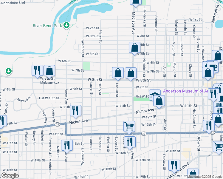 map of restaurants, bars, coffee shops, grocery stores, and more near 1223 West 9th Street in Anderson