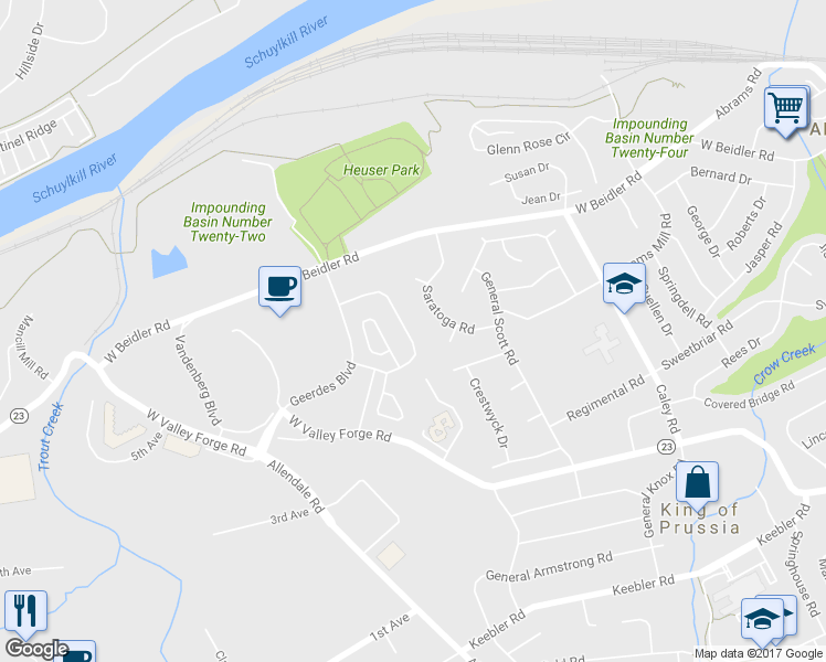 map of restaurants, bars, coffee shops, grocery stores, and more near 748 Deer Creek Drive in King of Prussia