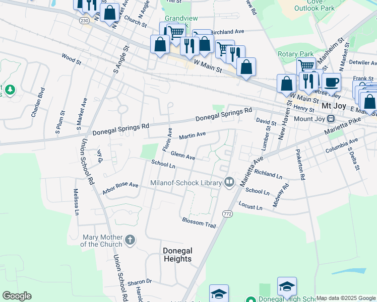 map of restaurants, bars, coffee shops, grocery stores, and more near 436 Sunset Avenue in Mount Joy