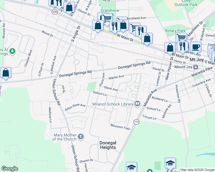 map of restaurants, bars, coffee shops, grocery stores, and more near 513 Glenn Avenue in Mount Joy