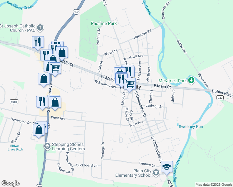 map of restaurants, bars, coffee shops, grocery stores, and more near 205 Spaulding Avenue in Plain City